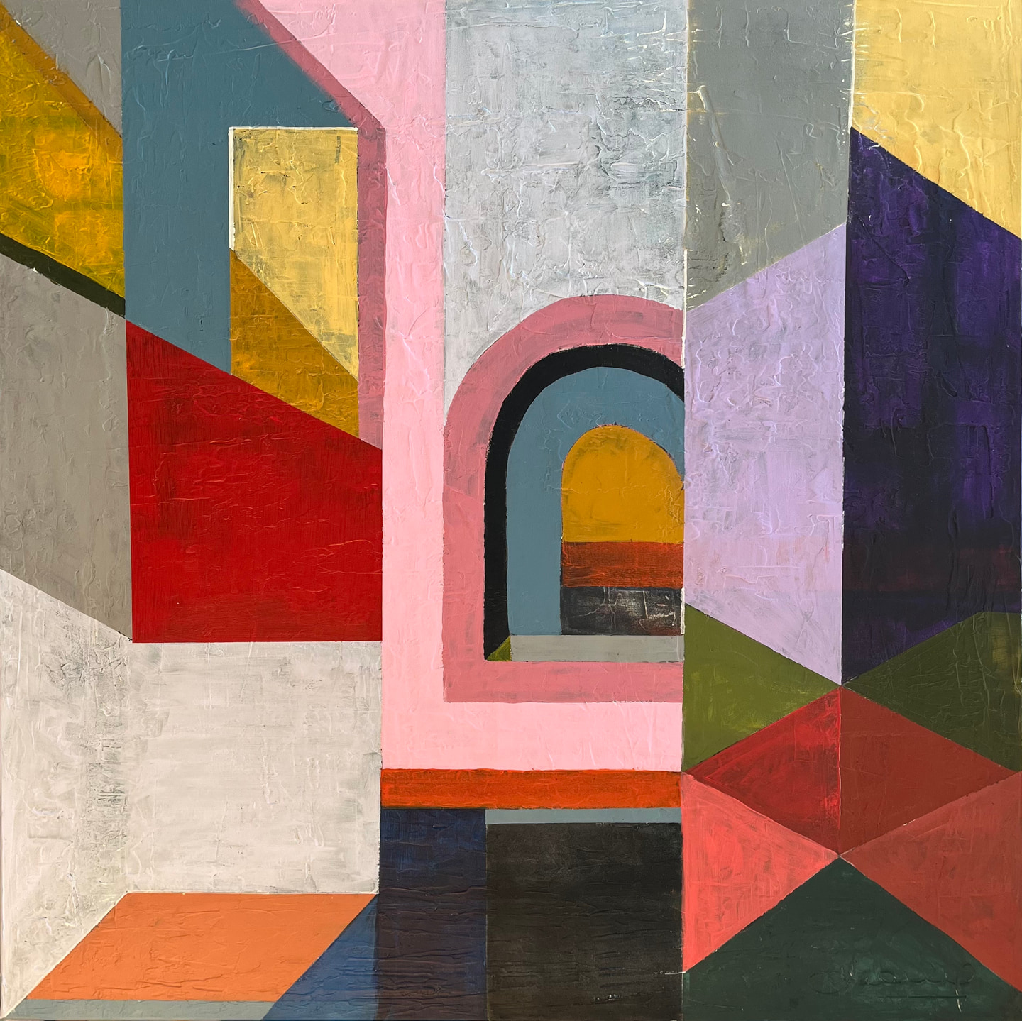 Pintura de pasillos y arcos concéntricos en rosa, amarillo, gris y violeta