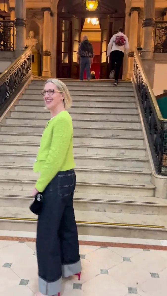Marina Elizalde on the staircase of the Colegio San José